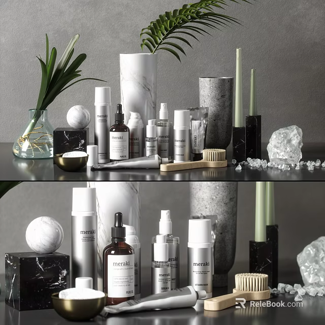 Modern Decorative Ornaments Set With Marble Accents Skincare Bottles Candles And Vase On Shelf 3d model 