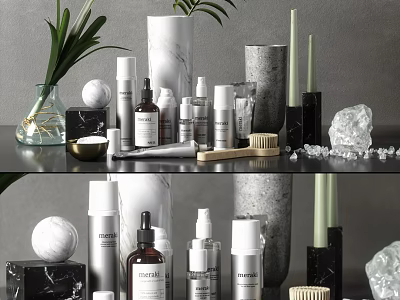 Modern Decorative Ornaments Set With Marble Accents Skincare Bottles Candles And Vase On Shelf 3d model
