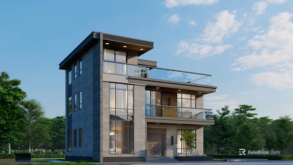 Modern Two Story Detached Villa Exterior Design With Large Windows Balcony And Surrounding Greenery 3d model 