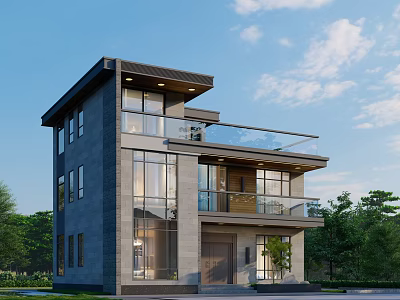 Modern Two Story Detached Villa Exterior Design With Large Windows Balcony And Surrounding Greenery 3d model