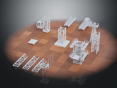 White Furniture Component Models With Structural Towers And Platforms On Brown Checkered Floor 3d model