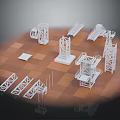 White Furniture Component Models With Structural Towers And Platforms On Brown Checkered Floor