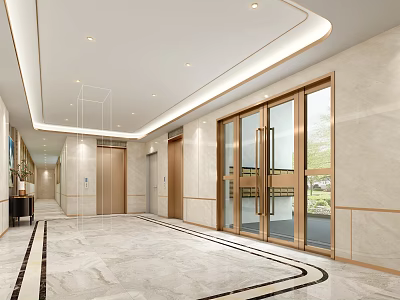 Modern Elevator Lobby Interior With Marble Floor Glass Doors And Gold Accents Lighting 3d model