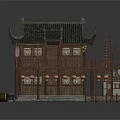 Traditional Chinese Ancient Architecture With Curved Eaves Black Tile Roof Wooden Balcony And Red Lanterns
