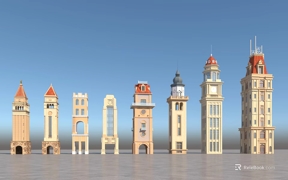 Various Classic And Modern Architectural Towers With Different Roof And Window Designs 3d model 