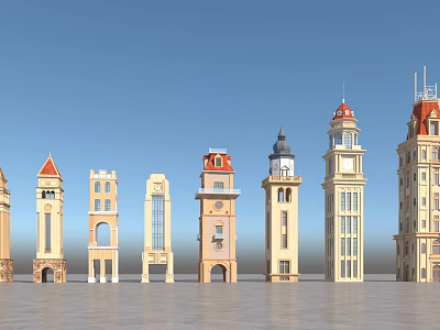 Various Classic And Modern Architectural Towers With Different Roof And Window Designs 3d model