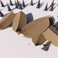 Unique Bamboo Buildings With Curved Roof Design Against Blue Sky And Trees