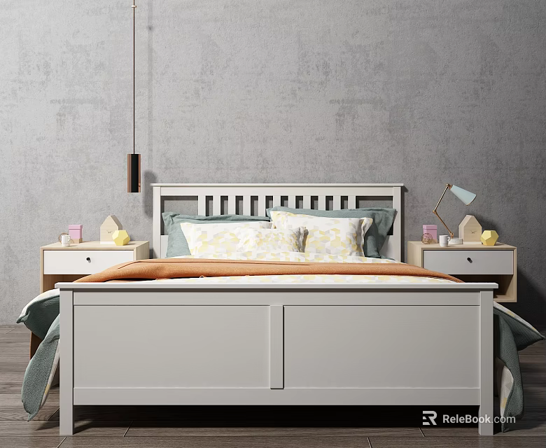 Double Bed With White Headboard Two Nightstands Table Lamp And Gray Wall 3d model