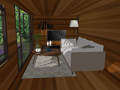 Detached Villa Living Room With Wooden Walls Large Windows And White Sofa 3d model