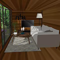 Detached Villa Living Room With Wooden Walls Large Windows And White Sofa