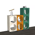 Modern Multicolored Bookshelves With Circular Compartments And Lamp On Beige Unit