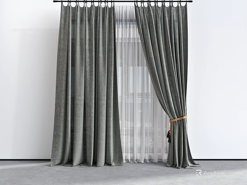 Gray Thick Curtains With White Sheer Layers And Ribbon Tieback In Modern Room 3d model 