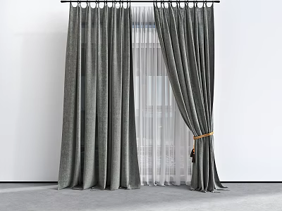 Gray Thick Curtains With White Sheer Layers And Ribbon Tieback In Modern Room 3d model