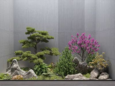 Garden Miniature Landscape With Bonsai Pine Purple Flowering Tree Green Shrubs Rocks And Moss 3d model