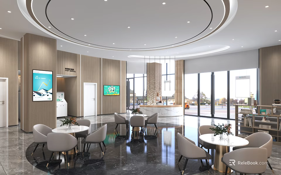 Modern Service Hall Interior Design With Reception Desk Digital Screens And Seating Area 3d model 