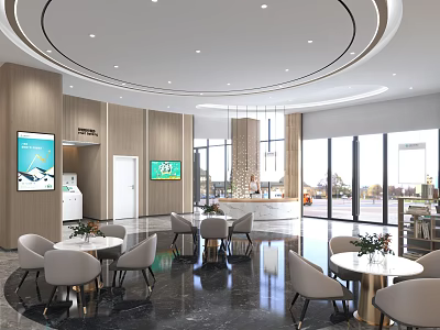 Modern Service Hall Interior Design With Reception Desk Digital Screens And Seating Area 3d model