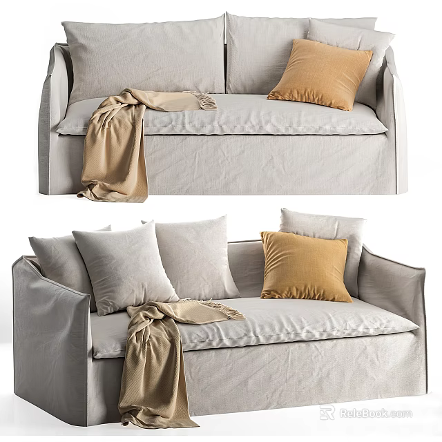 Modern Light Gray Sectional Sofa With Beige Pillows And Throw Blanket 3d model
