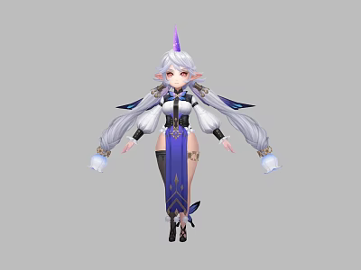 Fantasy Game Character With Elf Ears Silver White Hair Purple Horn And Blue White Outfit 3d model
