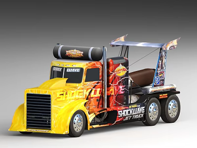 Electric Toy Yellow Shockwave Jet Truck With Flame Design And Roof Exhaust 3d model