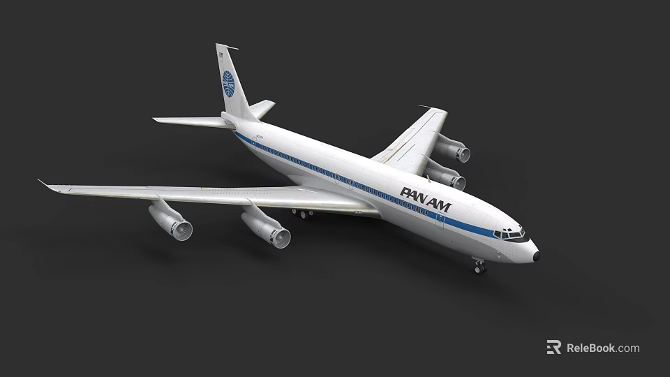 Pan Am Passenger Airplane With White Body Blue Stripe Four Engines And Tail Logo 3d model 