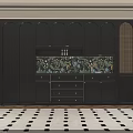 Elegant Modern Black Sideboard With Golden Handles Floral Pattern Backsplash And Cabinets