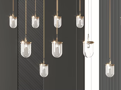 Modern Glass Pendant Lights with Gold Chains Against Dark Striped Wall 3d model