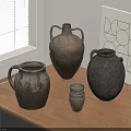 Vintage Ceramic Vessels Displayed On Wooden Table With Window Blinds And Geometric Art