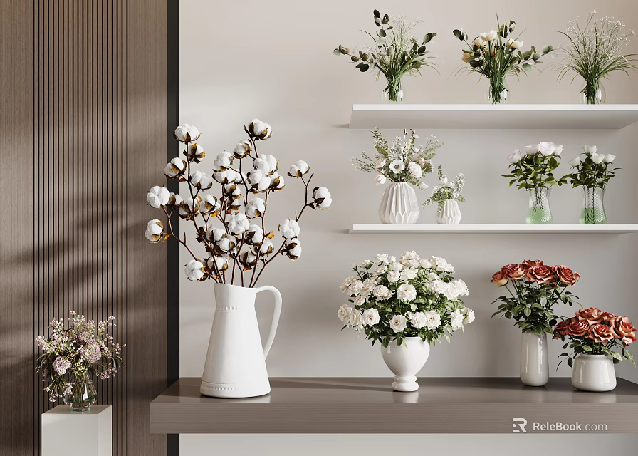 Vases With Cotton Branches White Blooms And Red Flowers On Shelves In Minimalist Setting 3d model 