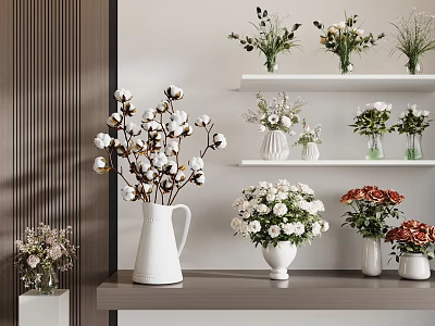 Vases With Cotton Branches White Blooms And Red Flowers On Shelves In Minimalist Setting 3d model