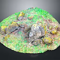 Natural Wood and Stone Materials with Green Vegetation and Mossy Rock Surfaces
