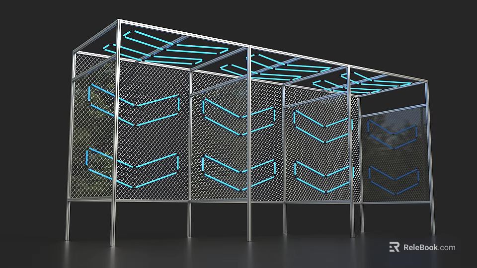 Modern Metal Mesh Structure With Blue Glowing Chevron Patterns And Frame Design 3d model 