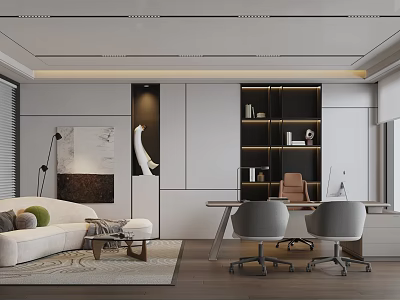 Modern Office Interior Featuring Sofa Desk Chairs Decorative Painting And Bookshelf 3d model