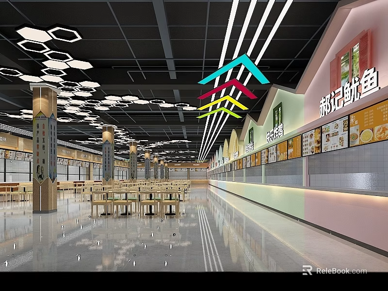 Spacious Food Court Restaurant Interior With Multiple Food Stalls Ceiling Lights And Tables Chairs 3d model 