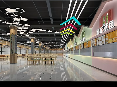 Spacious Food Court Restaurant Interior With Multiple Food Stalls Ceiling Lights And Tables Chairs 3d model