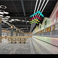 Spacious Food Court Restaurant Interior With Multiple Food Stalls Ceiling Lights And Tables Chairs