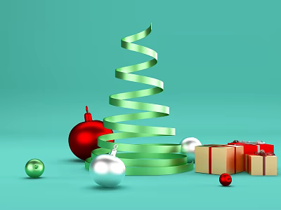Ornament Decoration Set With Green Spiral Red Silver Balls Gift Boxes And Light Blue Background 3d model