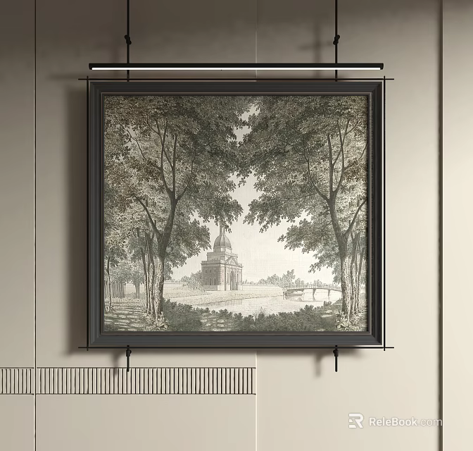 Elegant Abstract Painting Featuring Trees River Tower and Black Frame Hanging on Wall 3d model