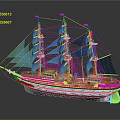 Sailing Ship With Multiple Masts Green Sails Brown Hull Green And Yellow Bottom Stripes