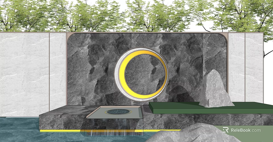 Stone Garden Feature Wall With Yellow Circular Accent And Water Element 3d model