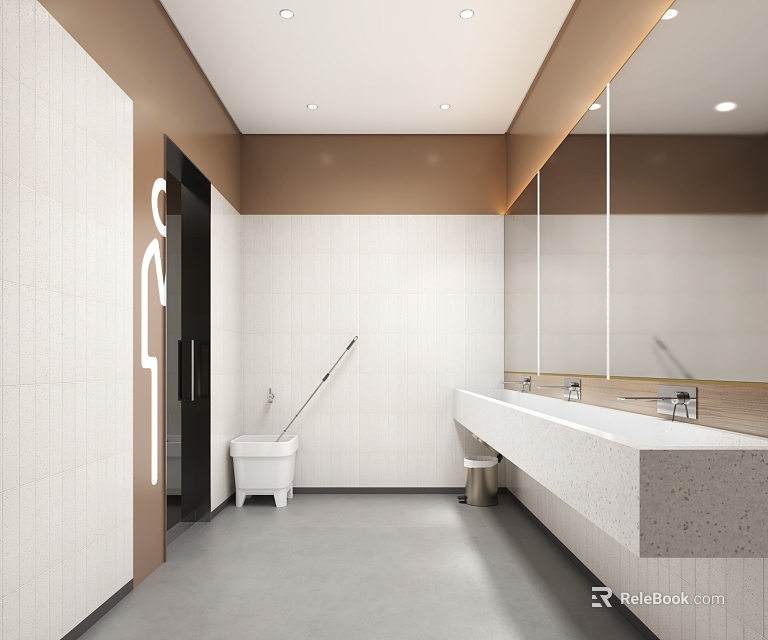Modern Public Restroom With White Tile Walls Brown Accent Strips Large Mirrors And Long Vanity 3d model 