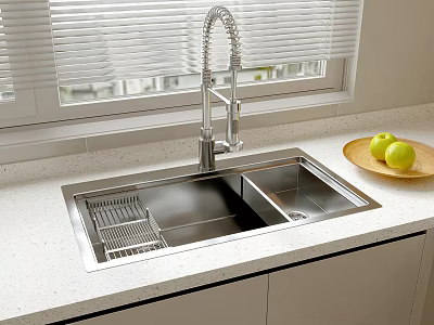 Modern Kitchen Stainless Steel Double Bowl Sink With Faucet And Drainer Rack On Countertop 3d model