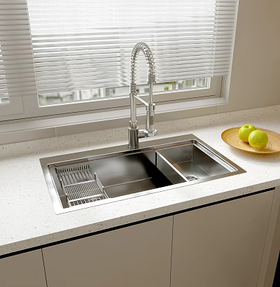 Modern Kitchen Stainless Steel Double Bowl Sink With Faucet And Drainer Rack On Countertop 3d model