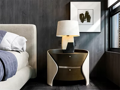 Modern Bedside Table With Table Lamp And Dark Wooden Wall Art 3d model
