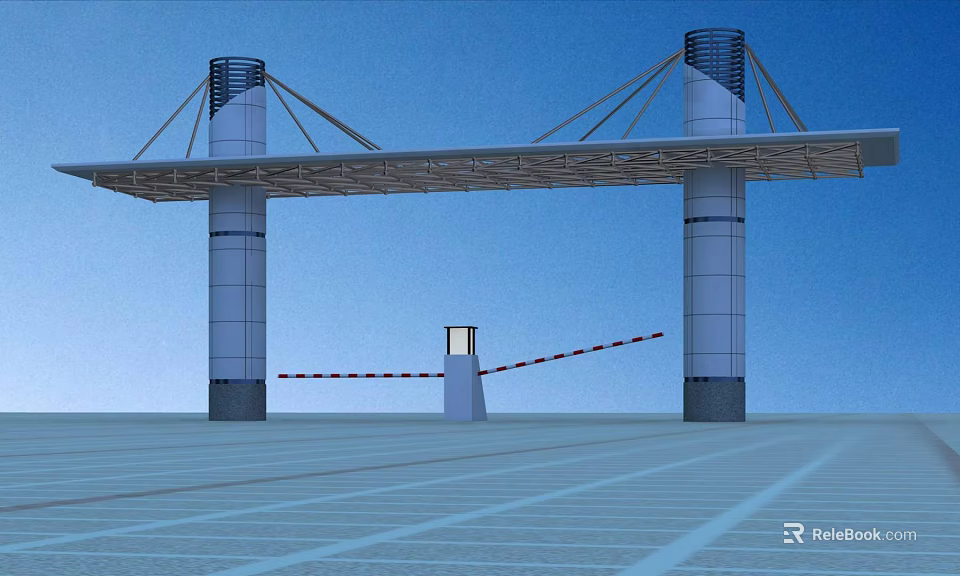 Modern Entrance Gate Structure With Tall Pillars Overhead Canopy And Access Control Barrier 3d model 