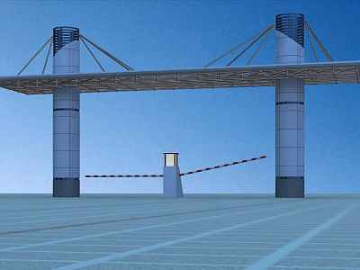 Modern Entrance Gate Structure With Tall Pillars Overhead Canopy And Access Control Barrier 3d model