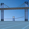 Modern Entrance Gate Structure With Tall Pillars Overhead Canopy And Access Control Barrier