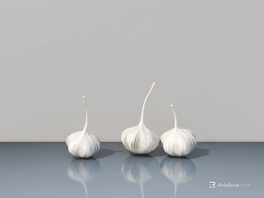 Three White Garlic Shaped Decorative Ornament Set On Gray Reflective Surface 3d model 
