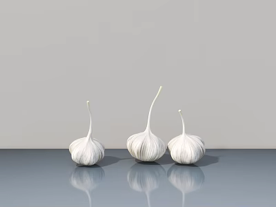 Three White Garlic Shaped Decorative Ornament Set On Gray Reflective Surface 3d model