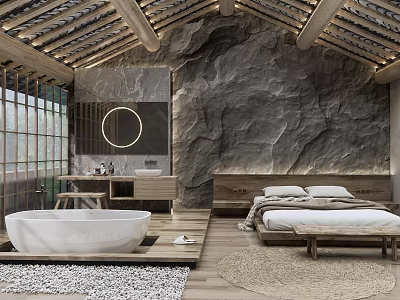 Hotel Room Interior With Wooden Roof Rock Wall Bathtub Bed And Pebble Floor 3d model