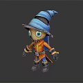 3D Fantasy Wizard Character With Blue Striped Hat Orange Coat And Mechanical Arms